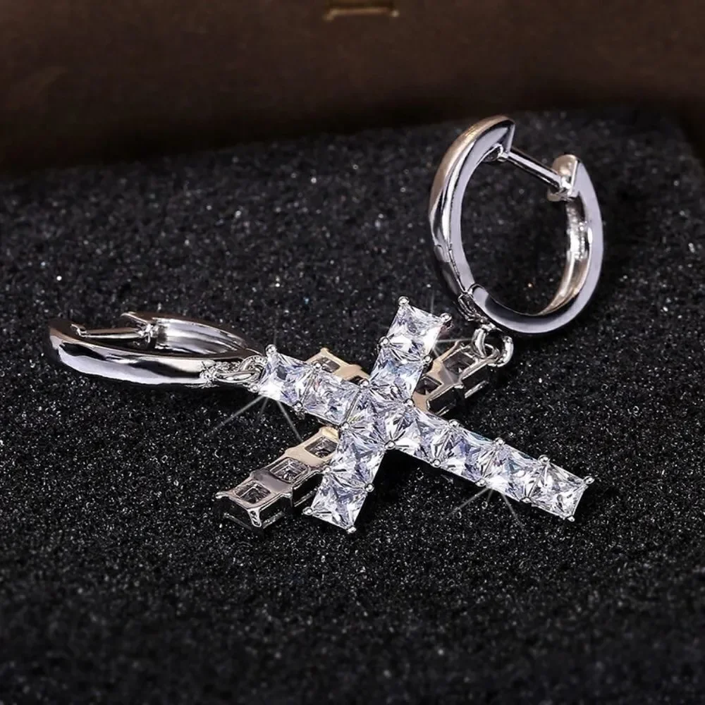 Large Asscher Cut Cross Earrings in White Gold